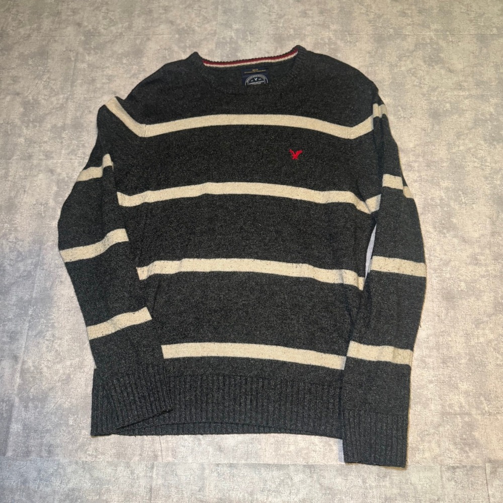 American Eagle Mens Athletic Fit Striped Crewneck Sweater Gray Cream Large